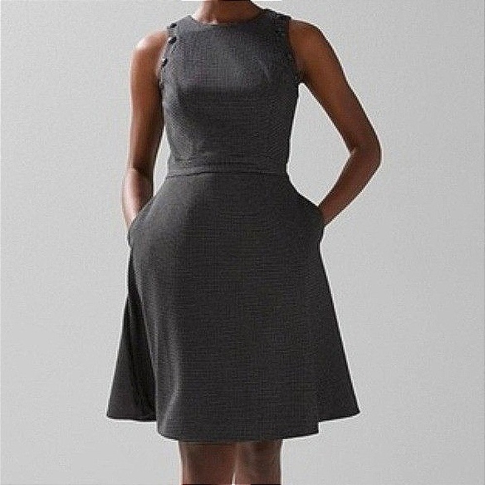 White House‎ Black Market WHBM Micro Check Button Shoulder Flare Dress 4 Black